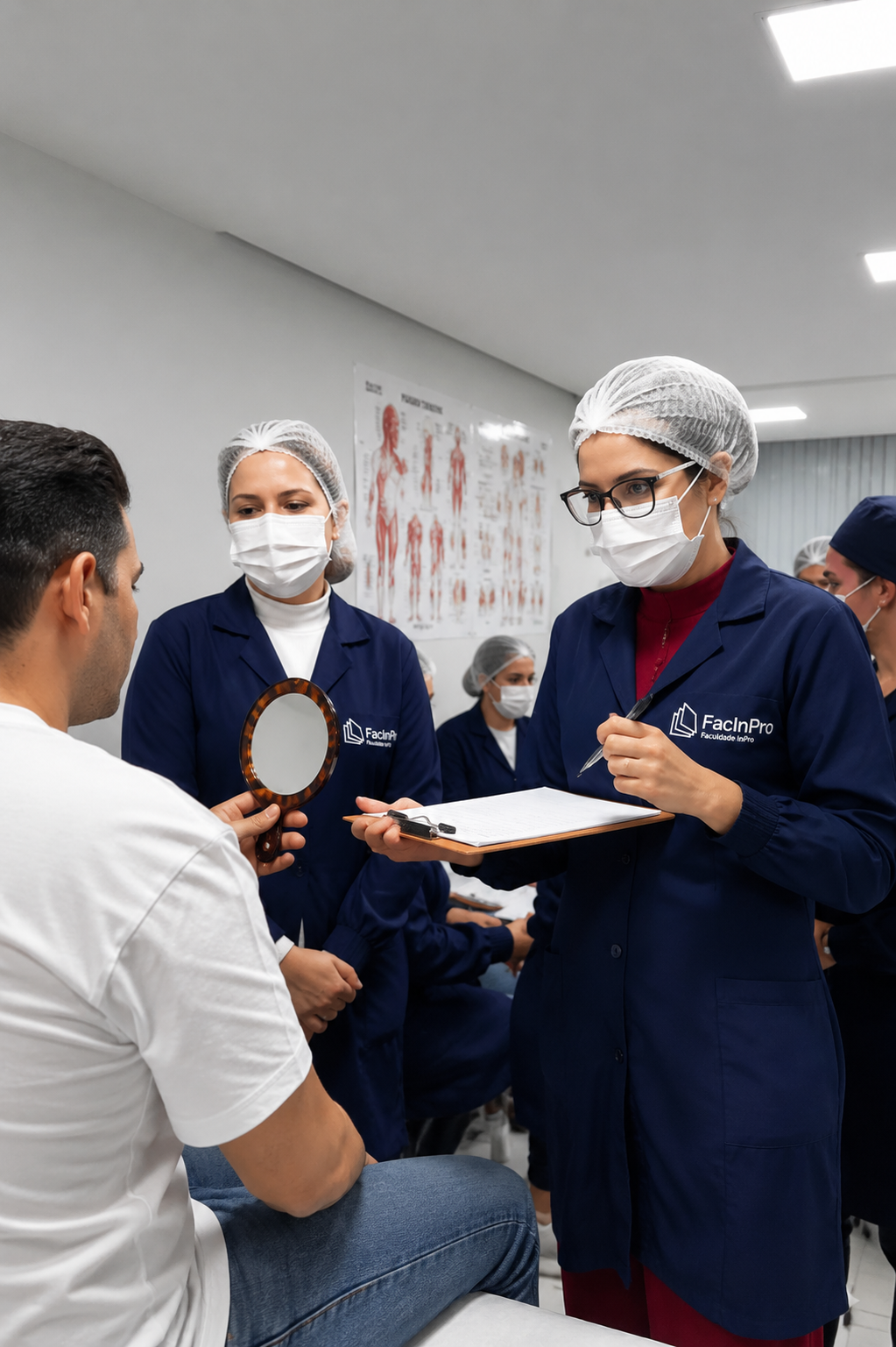 Profissional realizando procedimento de harmonização facial supervisionado em paciente real na clínica-escola da FacInPro