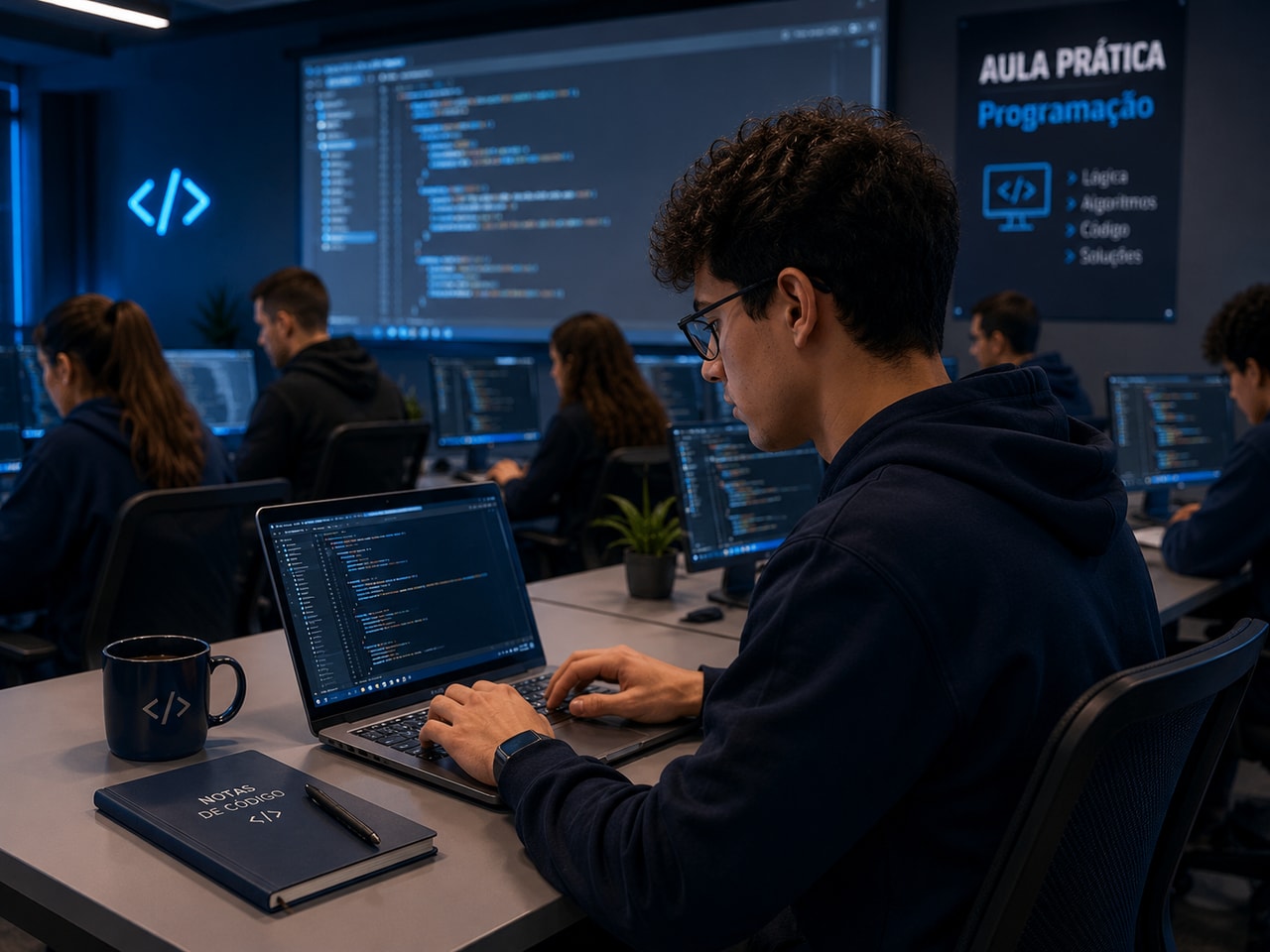 Aula prática de programação em laboratório de TI da FacInPro